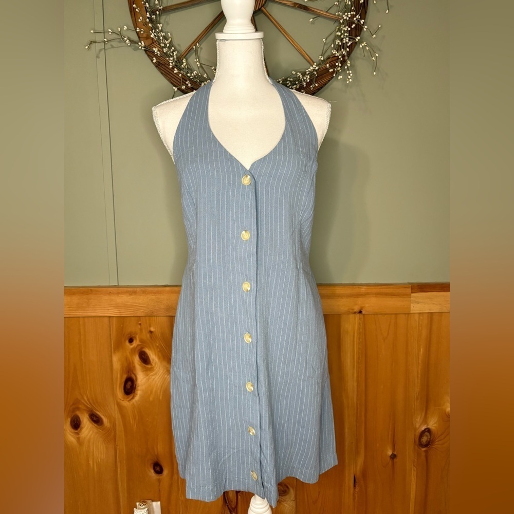 Monteau Bluish Grey & white Striped Halter Backless Dress w/Buttons. Linen blend